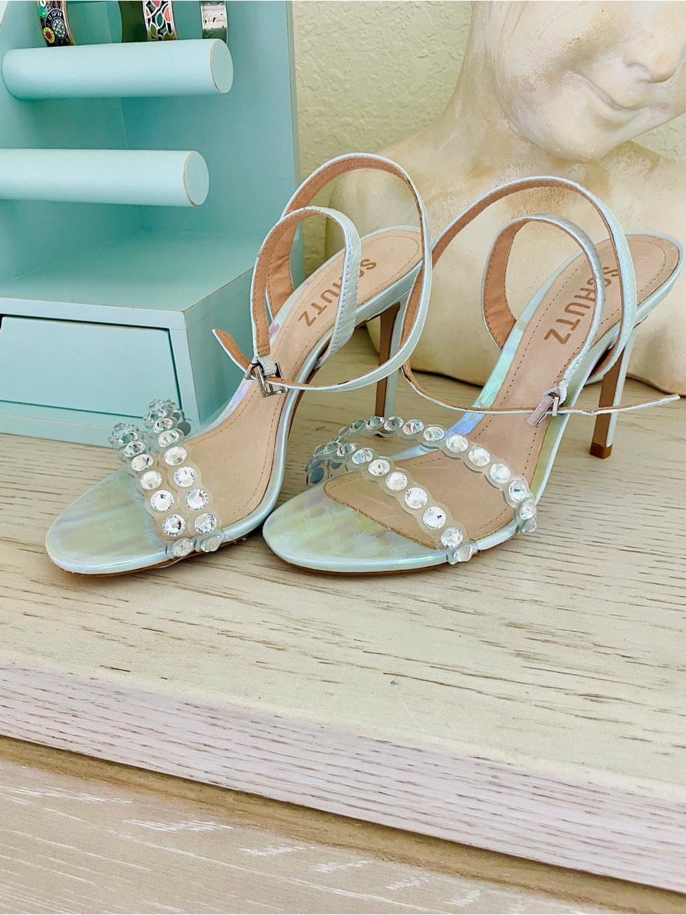 Schutz - Iridescent Crystal Strap Heeled Sandals - Light Aqua